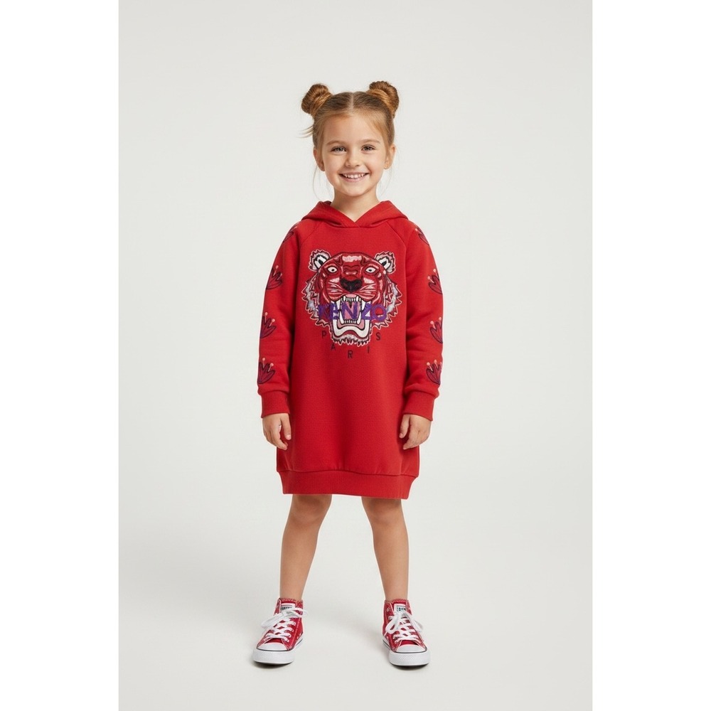Kenzo Kids Girls Red Tiger Embroidered Hoodie Sweatshirt Dress Size 6Y Designer